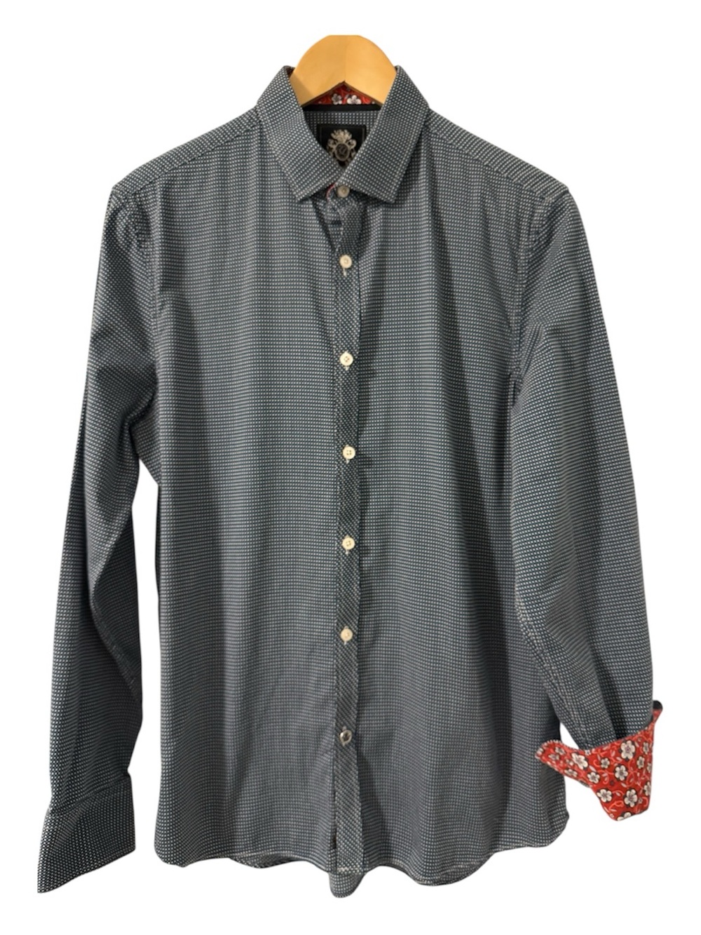 English Laundry Premium Blue Micro Dot Button-Up Shirt Contrast Floral Cuffs